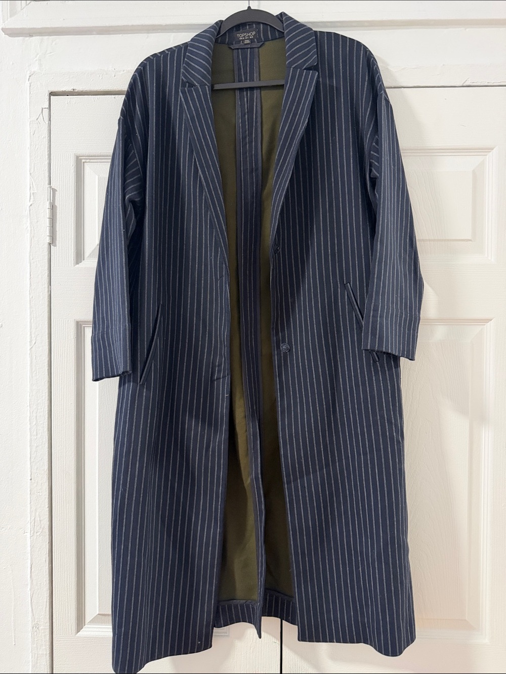 Topshop Navy Pinstripe Longline Coat with Olive Lining